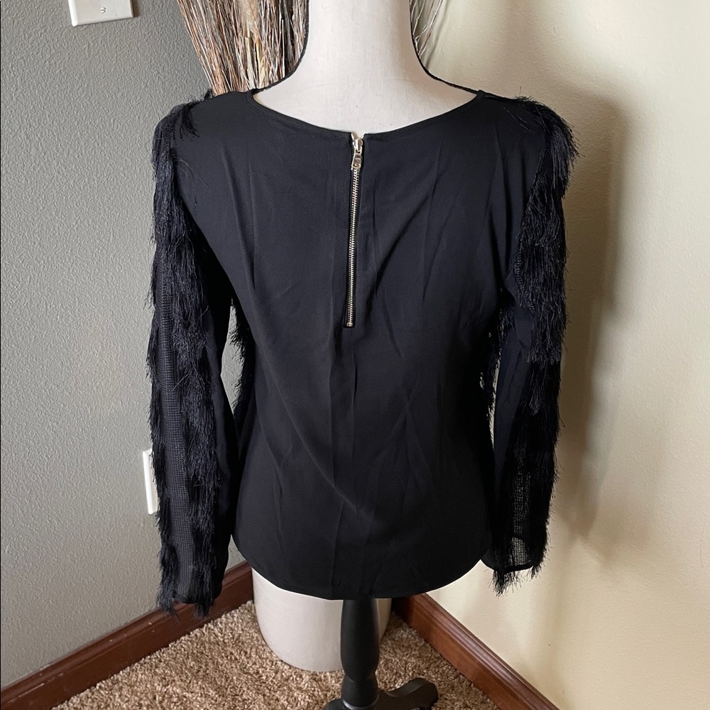 Ann Taylor Black Striped Fringe Long Sleeve Blouse Size Small - Picture 7 of 10